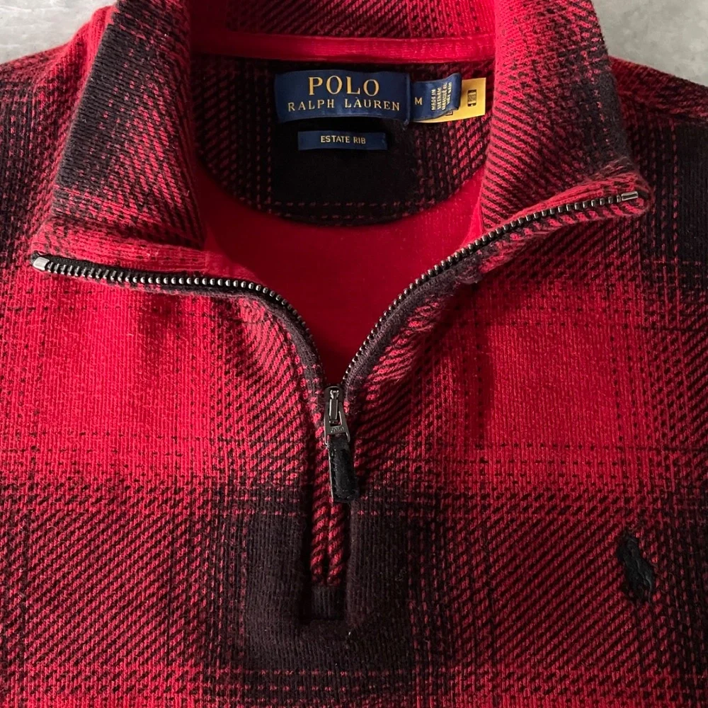 POLO Ralph Lauren Cotton Men's Pullover Zip‎ Sweater, Red/Black Medium